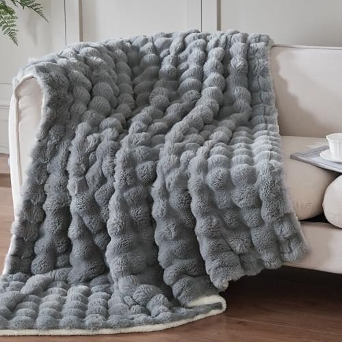 50x60 Inches Ultra-Soft Fuzzy Faux Fur Plush Throw Blanket - Thick, Warm Sherpa for Couch, Sofa, Bedroom, Camping - Decorative Blanket for Cozy Warmth, Bubble Grey by Serenhom