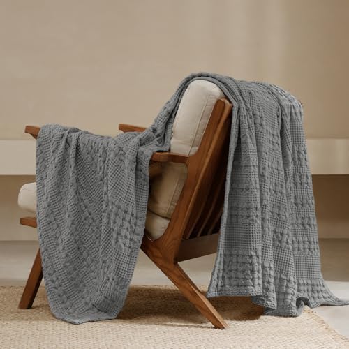 PHF Lightweight 100% Cotton Waffle Throw Blanket for Couch, Dark Grey by PHF