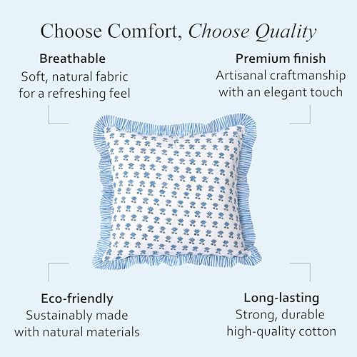 CPC Arctic Blue Hand Block Print 100% Cotton Ruffle Throw Pillow Cover 18x18 inch with Hidden Zipper Decorative for Couch, Bed, Sofa, Farmhouse, Cottagecore Decor Gift Christmas Fall Thanksgiving - Image 6