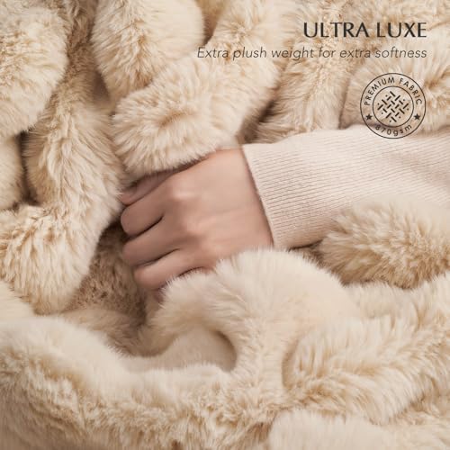 EverGrace Faux Rabbit Fur Bubble Throw Blanket, 90"x90", Cream - Image 3