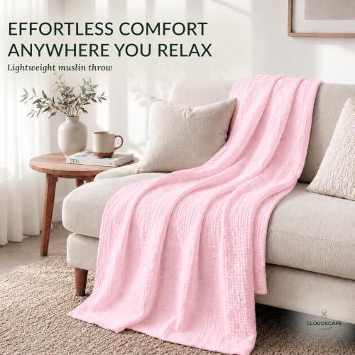 CLOUDSCAPE 8 Layer Muslin Throw for Sofa,100% Cotton 50"x70" -Seashell Pink - Image 3