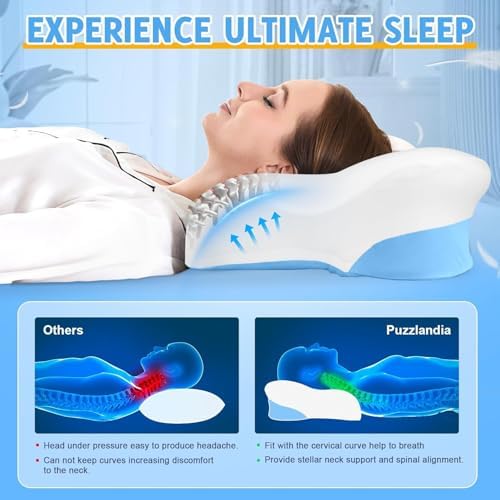 Cervical Neck Pillows with Memory Foam - Ergonomic Neck Support Pillows for Pain Relief Contour Memory Foam - Adjustable Orthopedic Bed Pillows with Cooling Breathable Pillowcase for Sleeping - Blue - Image 3