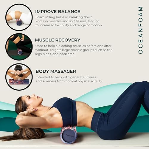 Oceanfoam Tidal Roller - Red, Dark Navy & Natural Marbled - Muscle Massage Foam Roller for Back Pain & Stretching - Firm & Ergonomic Wide Wave Textured - Yoga, Athletics, Wellness - Full Size 20" x 5" - Image 5