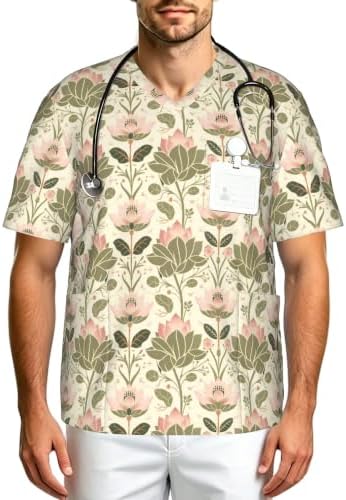 Men's Scrub Top,V-Neck Spill Wrinkle Resistant,3 Pockets-Lotus Flowers and Yoga (2) by Unknown