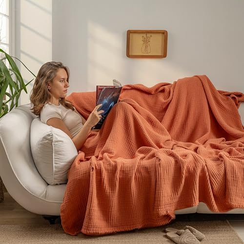 Muslin Blanket - Pure 100% Turkish Cotton Airy Soft Light Versatile Gauze Throw Blanket for Bed, Couch, Sofa (Brick, Throw Size (50" x 66" inch)) - Image 3