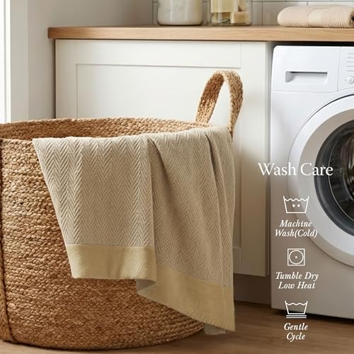 Threadmill Luxury 100% Cotton King Herringbone Blanket, Beige - Image 5