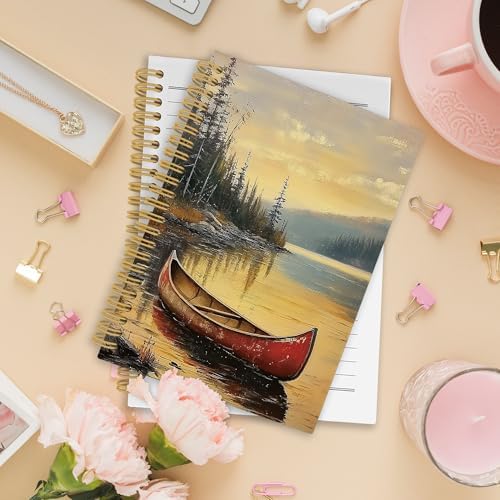 XPH Vintage Red Canoe Lake Landscape Spiral Notebook, Lake Gifts Journaling Notebooks for Women, Rustic Farmhouse Hardcover Journals for Writing 160 Pages 5.5 x 8.3 Inch, Nature Lover Gifts - Image 2