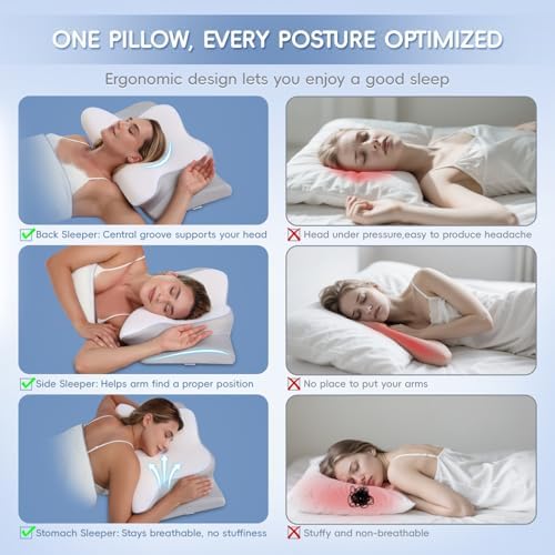 Cervical Neck Pillow, Memory Foam Pillows for Neck and Shoulder Pain Relief, 2 Heights Ergonomic Pillow with Breathable Ice Silk Cover, Neck Support Pillow for Side Sleepers White - Image 6
