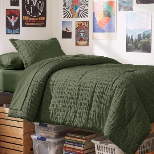 CozyLux Twin XL Comforter Set, 5 Pieces Olive Green Seersucker Bed in a Bag by CozyLux