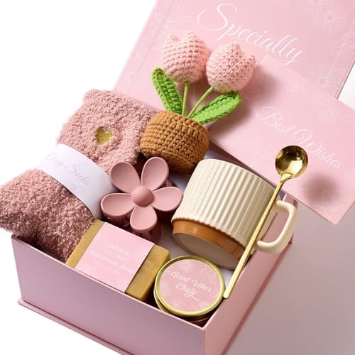 8PCS Birthday Gifts Box for Women Care Package Baskets for Women Hug in a Box Self Care Get Well Soon Gift Set for Mom Wife Girlfriend Sister Friends (Pink) by ENJOLLY