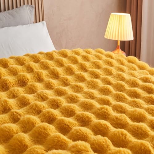 Lotus Karen Faux Fur Throw Blanket Ginger Yellow - Big Bubble Rabbit Fluff Blanket for Couch Bed Sofa,Softest Fluffy Fuzzy Cozy Blanket,Thick Furry Plush Shaggy Warm Blankets for Women,90x90 Inches - Image 7