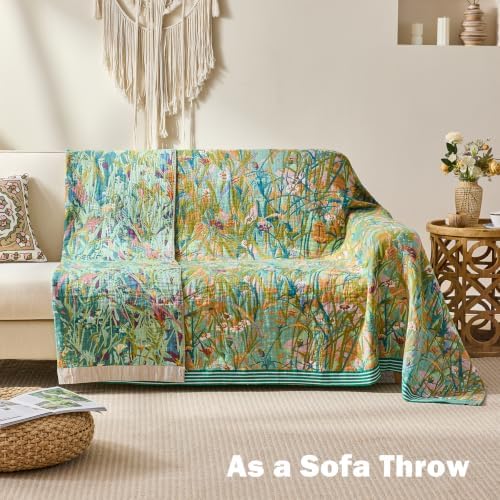 VANJOROY Boho Throw Blanket, 100% Organic Cotton Breathable Ultra Soft 91" x 108" King Bed Quilt Throw - All Season Floral Rustic Farmhouse Luxury Blanket for Sofa Couch Chair and Gift - Image 2