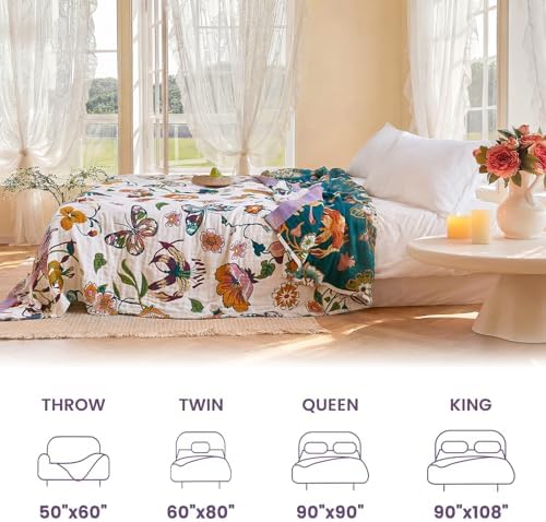 MSGKV Boho Throw Blanket 90"x108" 100% Cotton Floral Blanket for Bed - Image 5