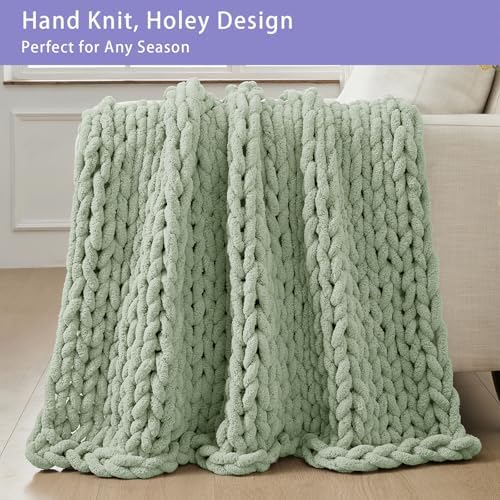Bigacogo Chunky Knit Throw Blanket for Couch, 40x80 inches, Sage Green - Image 4