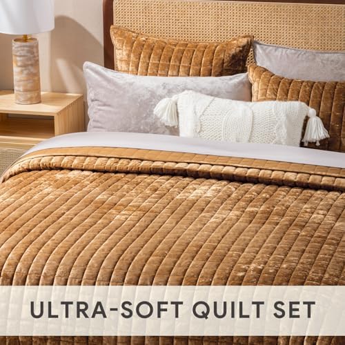 RECYCO Channel Box Stitch Velvet Quilt Set, Full Queen Size, Caramel Gold - Image 5