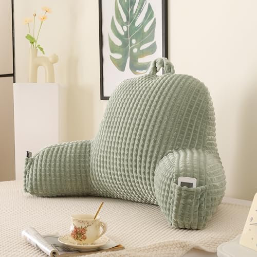 Reading Pillow with Arms for Sitting in Bed,Backrest,Green Flannel,M by PAJEO