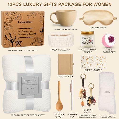 Stress Relief Spa Gift Box for Women – 12pc Self Care Set w/ Oud Wood Candle, Blanket, Bath Bombs, Eye Mask, Fuzzy Socks | Birthday Get Well Thinking of You Gift - Image 3