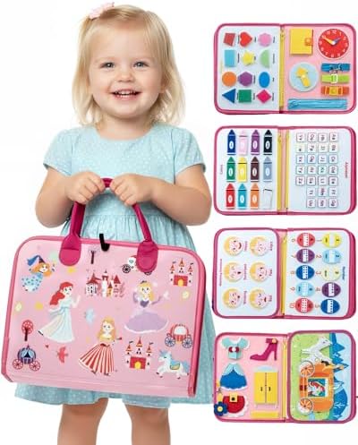 Montessori Busy Board, 8-Page Sensory Activity Toy, Pink by Ladfar