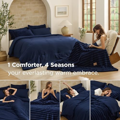 Bedsure Gentlesoft™ 2-in-1 Queen Comforter Set and Detachable Fluffy Blanket, Navy Blue Bedding Set for All Season Use, Detachable Design for Space Saving (Includes 2 Pillow Shams, 2 Pillowcases) - Image 2
