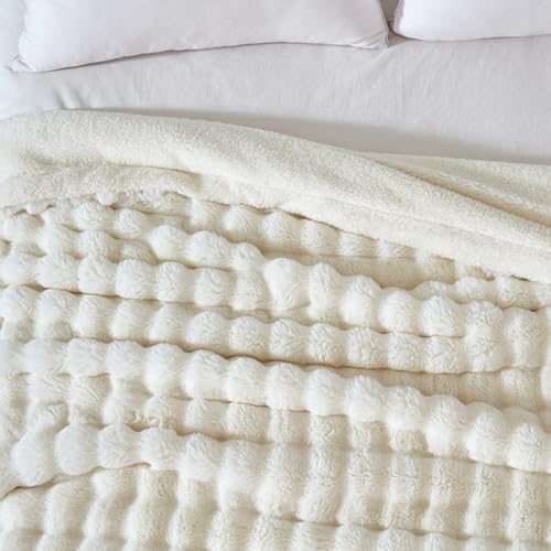 50x60 Inches Ultra-Soft Fuzzy Faux Fur Plush Throw Blanket - Thick, Warm Sherpa for Couch, Sofa, Bedroom, Camping - Decorative Blanket for Cozy Warmth, Bubble Ivory White - Image 5