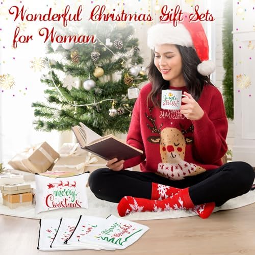 18 Pcs Christmas Gifts Set Merry Xmas Makeup Bags Enamel Mugs Christmas Socks Bulk 2026 Gifts Santa Snowflake Party Favors for Adults Women Coworkers Teacher Xmas Winter Party Supplies Decor - Image 2