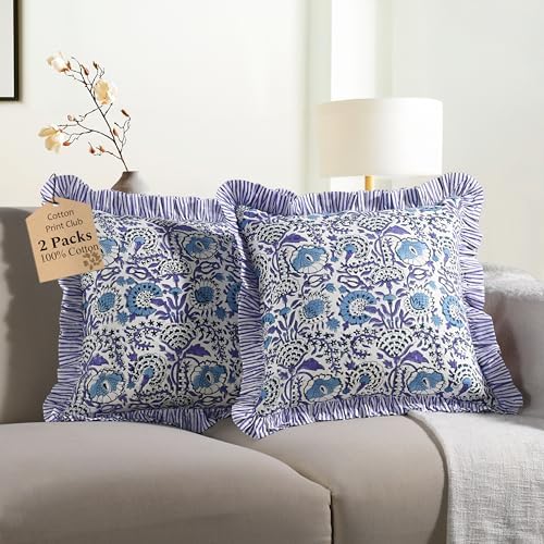 CPC Indigo Blue Ruffle Throw Pillow Covers for Couch, 24x24 Inch Cotton Stripe Ruffle Couch Pillows for Living Room, Hidden 20 Inch Zipper Boho Pillow Case or Cute Outdoor Pillows by COTTONPRINTCLUB