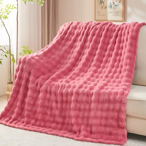 NEWCOSPLAY 3D Bubble Flannel Throw Blanket for Couch Coral Pink, 50"×60" by NEWCOSPLAY