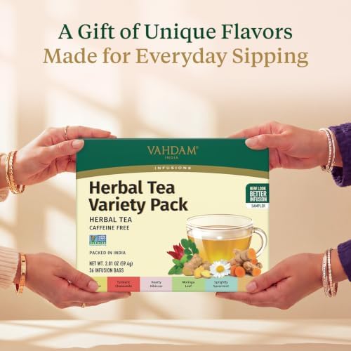 VAHDAM, Assorted Herbal Tea Gift Set (36 Tea Bags, 6 Flavors) Caffeine-Free, Non-GMO | Double Infusion, Individually Enveloped Tea Bags | Herbal Tea variety Pack | Tea Gifts for Women & Men - Image 3