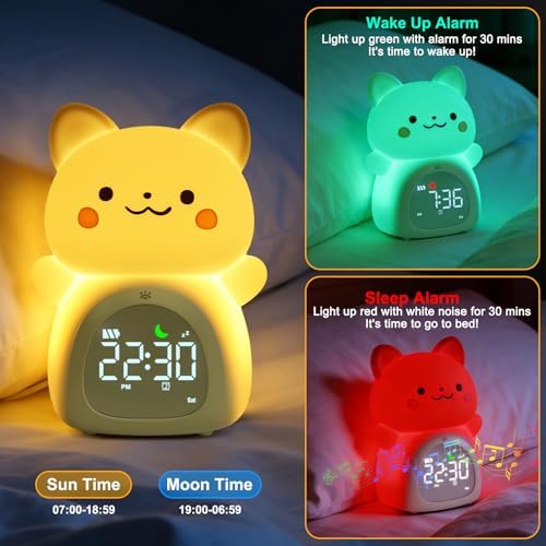 Cat Alarm Clock for Kids, Rechargeable Ok to Wake Clock with Night Light - BPA-Free Silicone Sleep Training Clock, Cute Toddler Wake Up Clock for Boys Girls Bedroom - Image 2