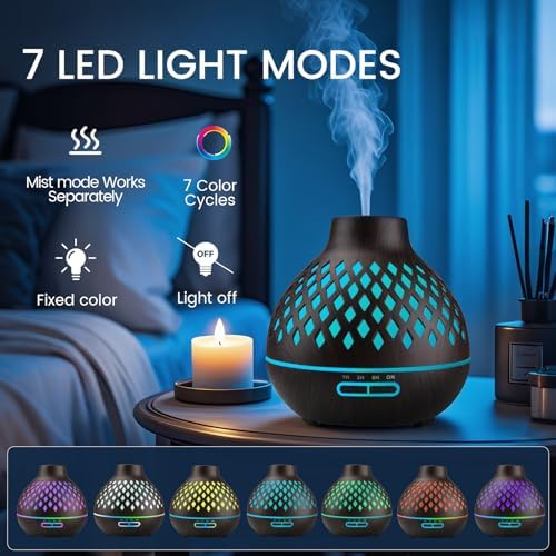 Aeshory Aromatherapy Diffuser & 12 Essential Oils Set, 550ML Aromatherapy Diffuser for Home, Ultrasonic Cool Mist Humidifier with Remote Control 4 Timer 7 Color LED Light, Waterless Auto Off, Dark - Image 5