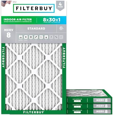 Filterbuy 8x30x1 Air Filter MERV 8 Dust & Allergy Defense (4-Pack) by Filterbuy