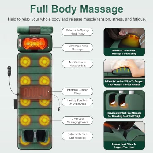 Full Body Massage Mat with Heat,Electric Massager Pad for Neck,Back,Foot&Full Body Pain Relief,10 Vibrating Nodes 3 Heating Levels W/ Detachable Neck,Foot Massager,Head Pillow&Inflatable Lumbar Pillow - Image 5