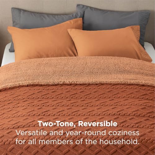 Bedsure Sherpa Fleece Blanket, Cable Jacquard Tufted, Warm, Orange, Queen - Image 2