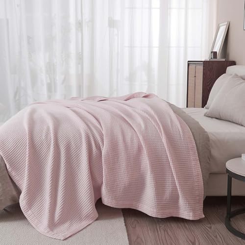 100% Cotton Pink Blanket Twin Size for Bed - Breathable and Soft, Waffle Weave for Summer Spring, 90x66 Inches (Blush) - Image 5