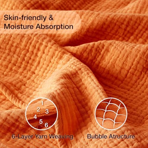 100% Cotton Muslin Blanket 50"x 60", 6 Layers Breathable and Lightweight Cotton Throw Blankets for Couch, Soft Cooling Summer Gauze Blanket for Adults All Season, Burnt Orange - Image 4