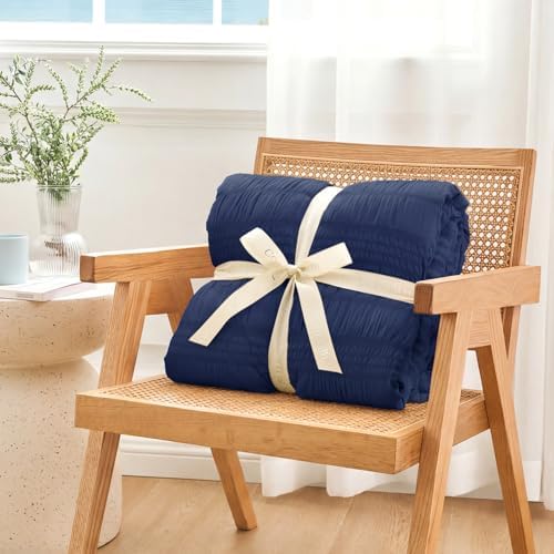 Cozy Bliss Striped Seersucker Cooling Comforter King Size, Lightweight Airflow Silky Cooling Bedding with Q-Max>0.45 for Bedroom, Home Decor, Hot Sleepers & Night Sweats, Navy Blue 106"×90" - Image 6