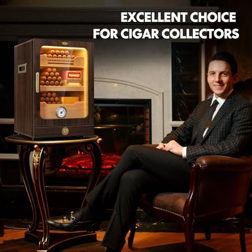 Cigar Humidor, Desktop Cigar Humidor Cabinet Light Control System with Spanish Cedar Wood Shelves, Hygrometer, 3 Humidifiers and Cigar Accessories Drawer, Father's Day Gift for Men (Walnut) - Image 6