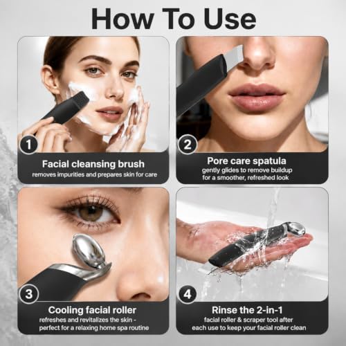 Ice Roller for Face & Eyes, Cooling Facial Roller with Blackhead Remover & 2 Silicone Brushes, Stainless Steel Face Roller for Puffiness, Pores & Deep Cleansing(Black) - Image 6