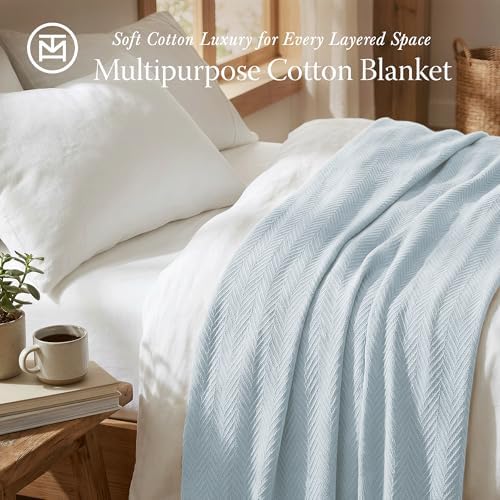 Threadmill Luxury 100% Cotton King Herringbone Blanket, Light Blue - Image 2