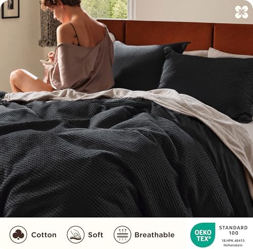Bedsure PureWoven 100% Cotton Waffle Weave Duvet Cover Set, 3 Pieces, Black - Image 3