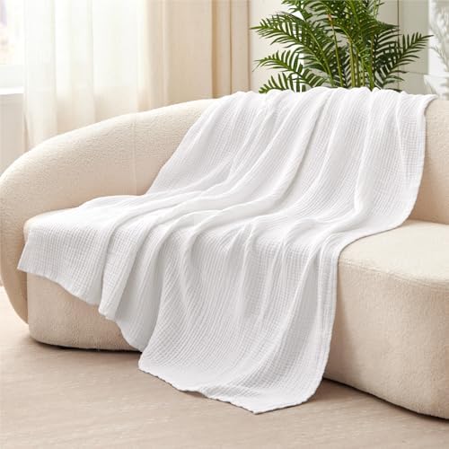 100% Cotton Muslin Blanket Twin 60" x 80", Breathable and Lightweight Cotton Twin Blankets for Couch, Soft Cooling Summer Gauze Blanket for Adults All Season, White - Image 3