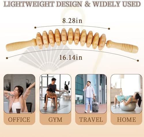 Liitrton Manual Wooden Massage Roller Stick for Muscle Relief, 11-Wheel - Image 2