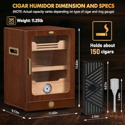 Tesonway Cigar Humidor, Desktop Cigar Humidor Cabinet Light Control System with Spanish Cedar Wood Shelves, Hygrometer, 3 Humidifiers and Cigar Accessories Drawer, Father's Day Gift for Men (Brown) - Image 4