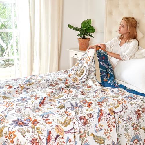 VANJOROY Boho Throw Blanket, 100% Organic Cotton Breathable Skin-Friendly Ultra Soft Bed Quilt Throw - All Season Floral Farmhouse Décor Luxury Blanket for Sofa Couch Chair and Gift. 50" x 60" - Image 2
