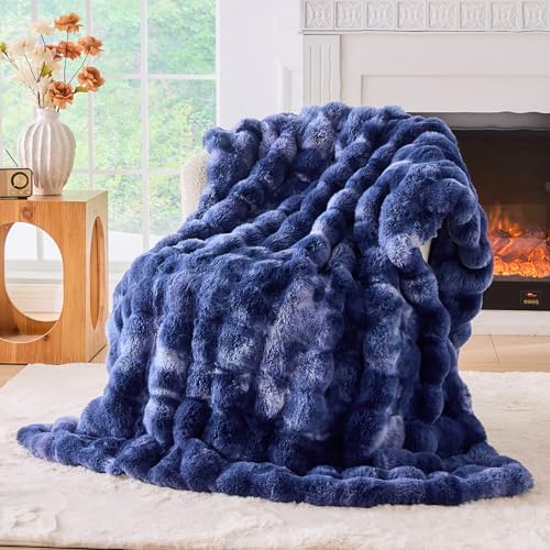 BENVWE Fluffy Faux Fur Throw Blanket for Couch, Soft Plush Thick Cozy Fuzzy Luxury Minky Bubble Blanket for Home Living Room Decor Gift for Women, Tie-dye Blue, 51" x 63", 1100GSM by BENVWE