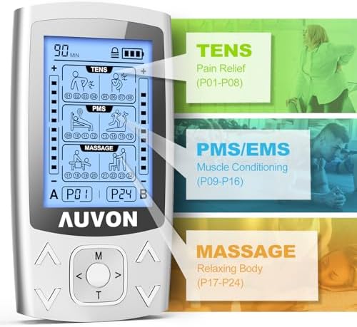 AUVON Dual Channel TENS Unit 24 Modes Muscle Stimulator for Pain Relief,Rechargeable TENS Machine Massager with 12 Pads, ABS Pads Holder, USB Cable and Dust-Proof Storage Bag - Image 3