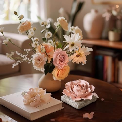 Ceramic Passive Essential Oil Diffuser, Aesthetic Desktop Handmade Flower & Concrete Base, Porcelain Aromatherapy Oils Diffuser for Home, Office, Yoga, Spa Room (Pink Peony) - Image 2
