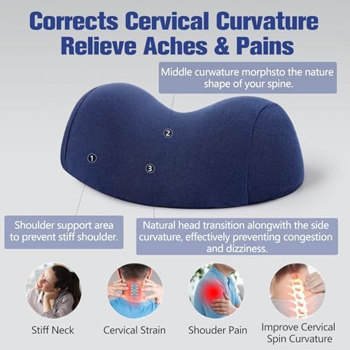 COMFYTHERA Small Neck Stretcher Pillow for Pain Relief, Soft Cervical Traction Device Neck Mild Support Pillow Memory Foam Cervical Neck Orthopedic Pillow for Tension Muscle Relax Relief (Dark Blue) - Image 2