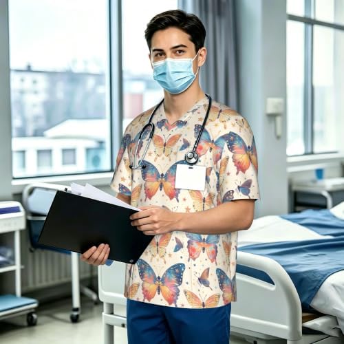 Men's Scrub Top,V-Neck Spill Wrinkle Resistant,3 Pockets-Butterfly Aesthetic (10) - Image 3
