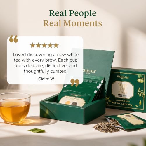 VAHDAM, Assorted White Tea Sampler Gift Set, Gluten Free, Non GMO - 4 Unblended White Loose Leaf Tea Sampler | Tea Variety Pack | Tea Gift Set, Gifts for Women & Men - Image 6